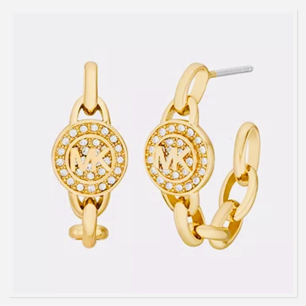 Michael Kors MK Logo Gold Tone Chain Link Hoop Earrings